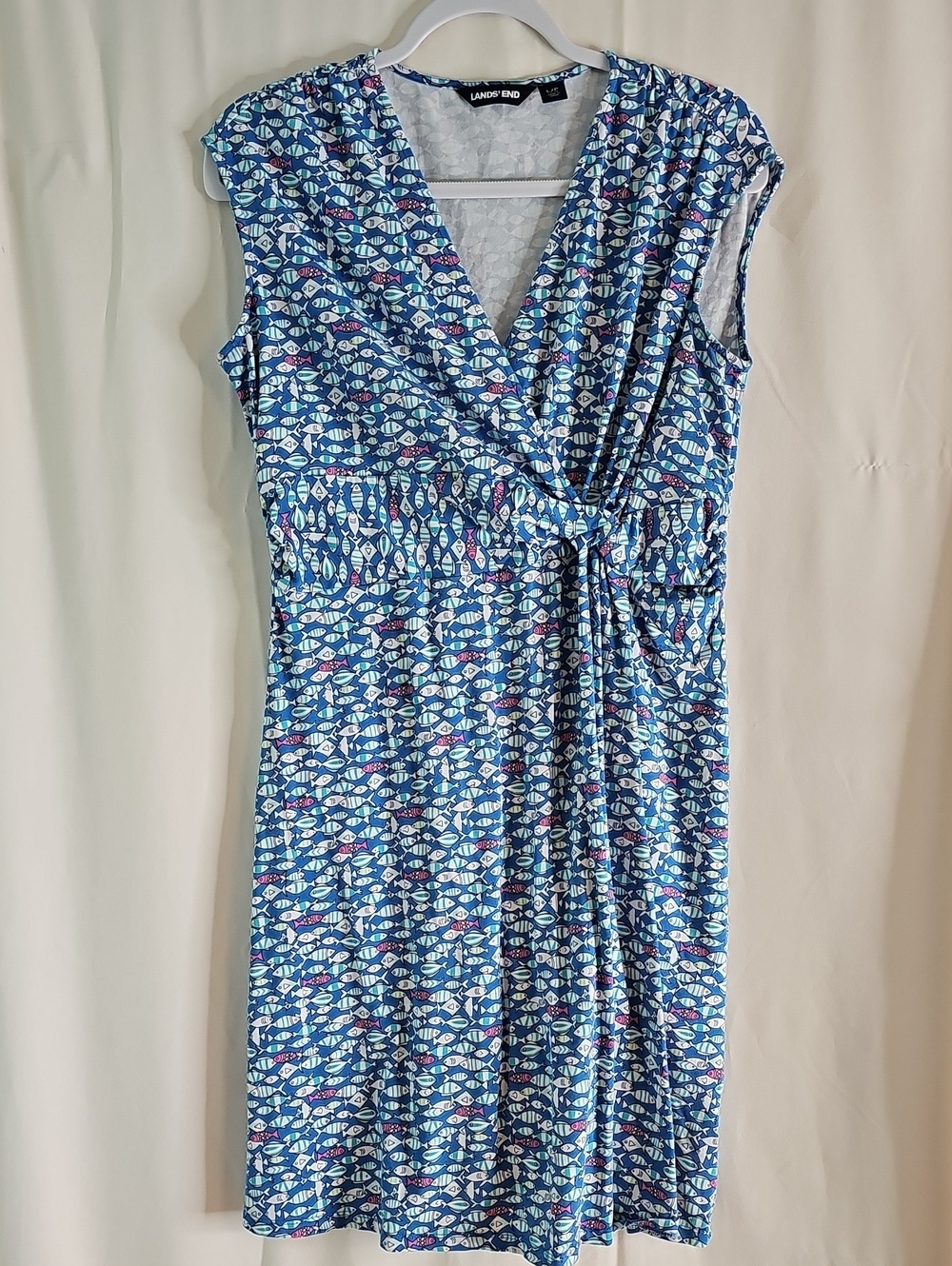 Lands' End Blue Fish-Print Knot Wrap Dress